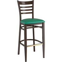 Lancaster Table & Seating Spartan Series Metal Ladder Back Bar Stool with Dark Walnut Wood Grain Finish and Green Vinyl Seat - Assembled