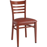 Lancaster Table & Seating Spartan Series Metal Ladder Back Chair with Mahogany Wood Grain Finish and Burgundy Vinyl Seat