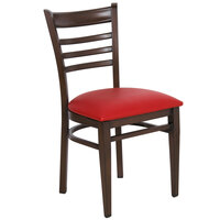 Lancaster Table & Seating Spartan Series Metal Ladder Back Chair with Walnut Wood Grain Finish and Red Vinyl Seat - Detached Seat
