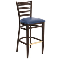 Lancaster Table & Seating Spartan Series Bar Height Metal Ladder Back Chair with Walnut Wood Grain Finish and Navy Vinyl Seat - Detached Seat