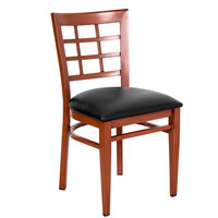 Lancaster Table & Seating Spartan Series Metal Window Back Chair with Mahogany Wood Grain Finish and Black Vinyl Seat - Detached Seat