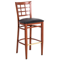 Lancaster Table & Seating Spartan Series Bar Height Metal Window Back Chair with Mahogany Wood Grain Finish and Black Vinyl Seat - Detached Seat