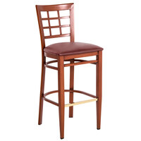 Lancaster Table & Seating Spartan Series Bar Height Metal Window Back Chair with Mahogany Wood Grain Finish and Burgundy Vinyl Seat - Detached Seat