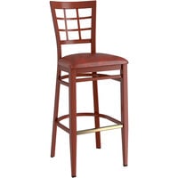 Lancaster Table & Seating Spartan Series Metal Window Back Bar Stool with Mahogany Wood Grain Finish and Burgundy Vinyl Seat - Detached Seat