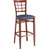 Lancaster Table & Seating Spartan Series Metal Window Back Bar Stool with Mahogany Wood Grain Finish and Navy Vinyl Seat - Assembled