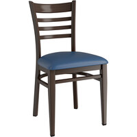 Lancaster Table & Seating Spartan Series Metal Ladder Back Chair with Dark Walnut Wood Grain Finish and Navy Vinyl Seat - Assembled