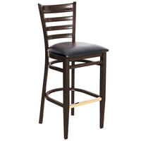 Lancaster Table & Seating Spartan Series Bar Height Metal Ladder Back Chair with Walnut Wood Grain Finish and Black Vinyl Seat - Detached Seat