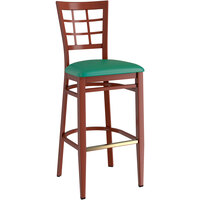Lancaster Table & Seating Spartan Series Metal Window Back Bar Stool with Mahogany Wood Grain Finish and Green Vinyl Seat