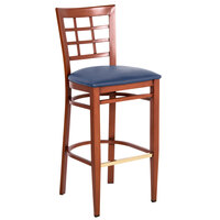 Lancaster Table & Seating Spartan Series Bar Height Metal Window Back Chair with Mahogany Wood Grain Finish and Navy Vinyl Seat - Detached Seat