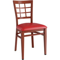 Lancaster Table & Seating Spartan Series Metal Window Back Chair with Mahogany Wood Grain Finish and Red Vinyl Seat