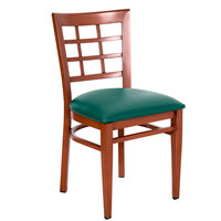 Lancaster Table & Seating Spartan Series Metal Window Back Chair with Mahogany Wood Grain Finish and Green Vinyl Seat - Detached Seat