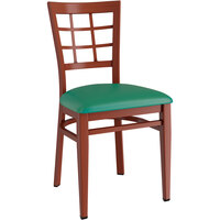 Lancaster Table & Seating Spartan Series Metal Window Back Chair with Mahogany Wood Grain Finish and Green Vinyl Seat