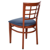 Lancaster Table & Seating Spartan Series Metal Window Back Chair with Mahogany Wood Grain Finish and Navy Vinyl Seat - Detached Seat