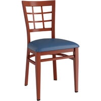 Lancaster Table & Seating Spartan Series Metal Window Back Chair with Mahogany Wood Grain Finish and Navy Vinyl Seat - Detached Seat