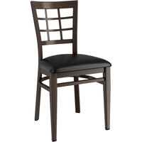 Lancaster Table & Seating Spartan Series Metal Window Back Chair with Dark Walnut Wood Grain Finish and Black Vinyl Seat - Assembled