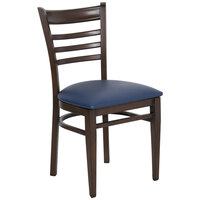 Lancaster Table & Seating Spartan Series Metal Ladder Back Chair with Walnut Wood Grain Finish and Navy Vinyl Seat - Detached Seat