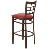 Lancaster Table & Seating Spartan Series Bar Height Metal Window Back Chair with Walnut Wood Grain Finish and Red Vinyl Seat - Detached Seat