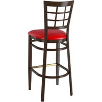 Lancaster Table & Seating Spartan Series Bar Height Metal Window Back Chair with Walnut Wood Grain Finish and Red Vinyl Seat - Detached Seat