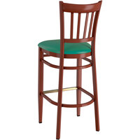 Lancaster Table & Seating Spartan Series Bar Height Metal Slat Back Chair with Mahogany Wood Grain Finish and Green Vinyl Seat - Detached Seat
