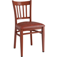Lancaster Table & Seating Spartan Series Metal Slat Back Chair with Mahogany Wood Grain Finish and Burgundy Vinyl Seat