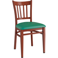 Lancaster Table & Seating Spartan Series Metal Slat Back Chair with Mahogany Wood Grain Finish and Green Vinyl Seat