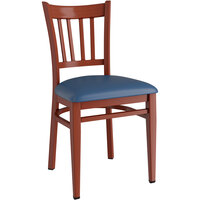 Lancaster Table & Seating Spartan Series Metal Slat Back Chair with Mahogany Wood Grain Finish and Navy Vinyl Seat