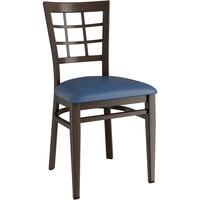 Lancaster Table & Seating Spartan Series Metal Window Back Chair with Walnut Wood Grain Finish and Navy Vinyl Seat