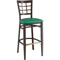 Lancaster Table & Seating Spartan Series Metal Window Back Bar Stool with Dark Walnut Wood Grain Finish and Green Vinyl Seat - Detached Seat