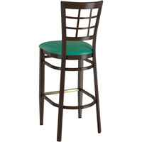 Lancaster Table & Seating Spartan Series Bar Height Metal Window Back Chair with Walnut Wood Grain Finish and Green Vinyl Seat - Detached Seat
