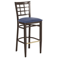 Lancaster Table & Seating Spartan Series Bar Height Metal Window Back Chair with Walnut Wood Grain Finish and Navy Vinyl Seat - Detached Seat
