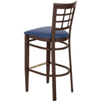 Lancaster Table & Seating Spartan Series Bar Height Metal Window Back Chair with Walnut Wood Grain Finish and Navy Vinyl Seat - Detached Seat