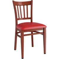 Lancaster Table & Seating Spartan Series Metal Slat Back Chair with Mahogany Wood Grain Finish and Red Vinyl Seat