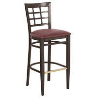 Lancaster Table & Seating Spartan Series Bar Height Metal Window Back Chair with Walnut Wood Grain Finish and Burgundy Vinyl Seat - Detached Seat