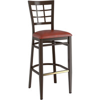 Lancaster Table & Seating Spartan Series Bar Height Metal Window Back Chair with Walnut Wood Grain Finish and Burgundy Vinyl Seat - Detached Seat