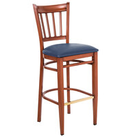 Lancaster Table & Seating Spartan Series Bar Height Metal Slat Back Chair with Mahogany Wood Grain Finish and Navy Vinyl Seat - Detached Seat
