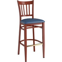 Lancaster Table & Seating Spartan Series Bar Height Metal Slat Back Chair with Mahogany Wood Grain Finish and Navy Vinyl Seat