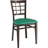 Lancaster Table & Seating Spartan Series Metal Window Back Chair with Dark Walnut Wood Grain Finish and Green Vinyl Seat
