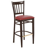 Lancaster Table & Seating Spartan Series Bar Height Metal Slat Back Chair with Walnut Wood Grain Finish and Red Vinyl Seat - Detached Seat