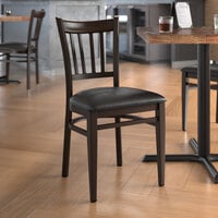 Lancaster Table & Seating Spartan Series Metal Slat Back Chair with Walnut Wood Grain Finish and Black Vinyl Seat - Detached Seat