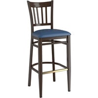 Lancaster Table & Seating Spartan Series Bar Height Metal Slat Back Chair with Walnut Wood Grain Finish and Navy Vinyl Seat - Detached Seat
