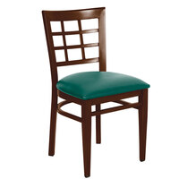 Lancaster Table & Seating Spartan Series Metal Window Back Chair with Walnut Wood Grain Finish and Green Vinyl Seat - Detached Seat