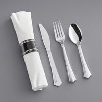 Visions 17 inch x 17 inch Pre-Rolled Linen-Feel White Napkin and Silver Heavy Weight Plastic Cutlery Set - 100/Case