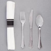 Visions 17 inch x 17 inch Pre-Rolled Linen-Feel White Napkin and Silver Heavy Weight Plastic Cutlery Set - 100/Case