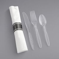 Visions 17" x 17" White Pre-Rolled Linen-Feel Napkin and Clear Heavy Weight Plastic Cutlery Set - 100/Case