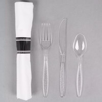 Visions 17 inch x 17 inch White Pre-Rolled Linen-Feel Napkin and Clear Heavy Weight Plastic Cutlery Set - 100/Case