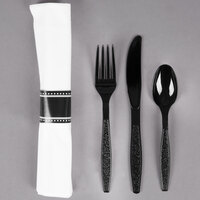 Visions 17 inch x 17 inch White Pre-Rolled Linen-Feel Napkin and Black Heavy Weight Plastic Cutlery Set - 25/Pack