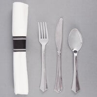 Silver Visions 17" x 17" Pre-Rolled Linen-Feel White Napkin and Silver Heavy Weight Plastic Cutlery Set - 25/Pack