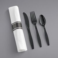 Visions 17 inch x 17 inch White Pre-Rolled Linen-Feel Napkin and Black Heavy Weight Plastic Cutlery Set - 100/Case