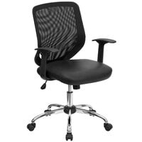Flash Furniture LF-W95-LEA-BK-GG Mid-Back Black Mesh Office Chair with Mesh Back and Leather Seat
