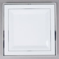 Fineline Silver Splendor 5510-WH 10 inch White Plastic Square Plate with Silver Bands - 120/Case